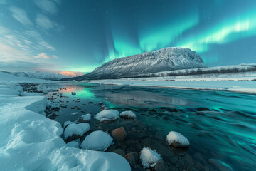 Fototapete - A peaceful mountain scene with snow-capped peaks under a sky filled with the vibrant hues of the Northern Lights,