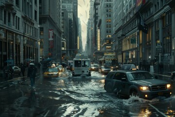 Wall Mural - Flooded city streets major flood incident dangerous urban natural disaster thunderstorm emergency river traffic rescue injured people extreme conditions underwater catastrophe hurricane aftermath