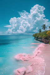 Poster - A dreamy island with white sandy beaches and turquoise waters under a sky filled with cotton candy clouds,