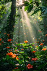 Fototapete - A lush tropical rainforest bathed in the golden light of dawn, with vibrant green foliage and colorful flowers,