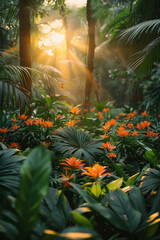 Aufkleber - A lush tropical rainforest bathed in the golden light of dawn, with vibrant green foliage and colorful flowers,