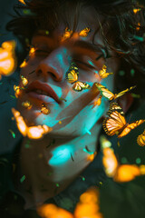 Aufkleber - A person in love with butterflies in their stomach, creating a soft glow that illuminates their entire figure,