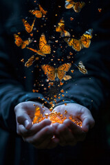 Aufkleber - An artistic representation of butterflies transforming into hearts as they leave a personâ€™s stomach,