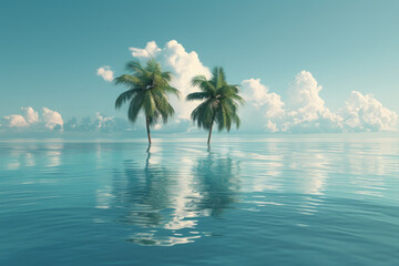 Wall Mural - A minimalist ocean scene with palm trees on clouds floating above the water,