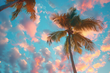 Fototapete - Palm trees on clouds, with abstract waves of color flowing in the background,