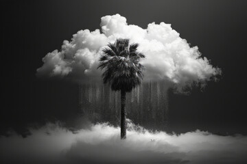 Poster - A single palm tree on a cloud, with minimalist raindrops falling around it,