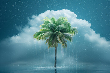 Fototapete - A single palm tree on a cloud, with minimalist raindrops falling around it,