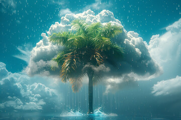 Fototapete - A single palm tree on a cloud, with minimalist raindrops falling around it,