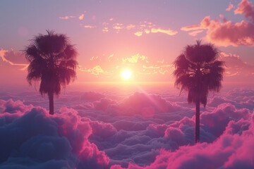 Poster - A minimalist sunset scene with palm trees on clouds, using soft pastel colors,