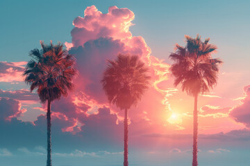 Poster - A minimalist sunset scene with palm trees on clouds, using soft pastel colors,