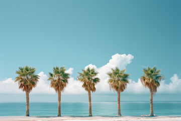 Fototapete - A series of palm trees on clouds, forming a path through the sky,