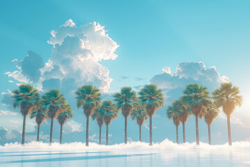 Fototapete - A series of palm trees on clouds, forming a path through the sky,