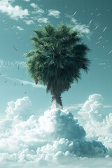 Fototapete - A palm tree on a cloud, with minimalist birds flying in the background,