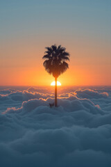 Fototapete - A lone palm tree on a cloud, with a minimalist sun setting in the distance,