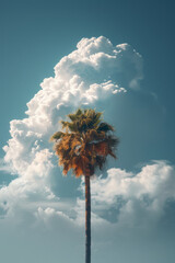 Poster - A single palm tree standing tall on a fluffy white cloud against a pastel blue sky,