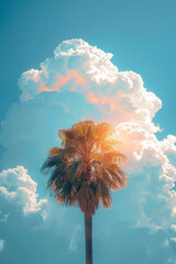 Wall Mural - A single palm tree standing tall on a fluffy white cloud against a pastel blue sky,