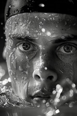 Poster - A Paralympic swimmer emerging from the water, with droplets symbolizing strength and renewal,