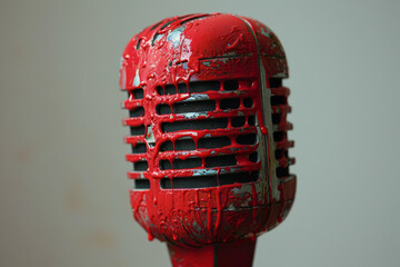 Aufkleber - A vintage microphone with bright red paint dripping down its mesh grille against a white background,