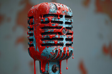 Aufkleber - A vintage microphone with bright red paint dripping down its mesh grille against a white background,