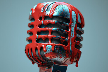 Aufkleber - A vintage microphone with bright red paint dripping down its mesh grille against a white background,