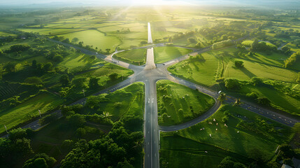 Crossroad in the middle of the green fields, with 4 streets coming together. There are animals in the fields and trees and birds flying in the sky, wide angle lens, sunlight