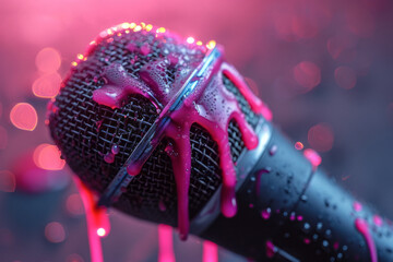 Poster - A dynamic microphone with neon pink paint dripping down its grille on a dark grey background,