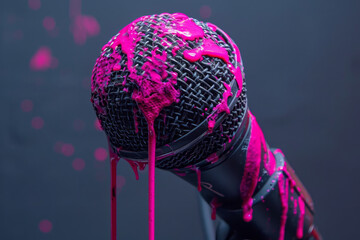 Poster - A dynamic microphone with neon pink paint dripping down its grille on a dark grey background,