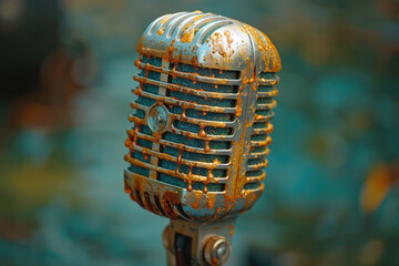 Aufkleber - A vintage-style microphone with copper paint dripping down its sides on a deep green background,