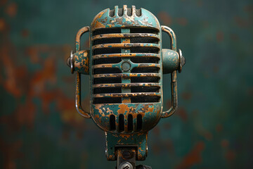 Aufkleber - A vintage-style microphone with copper paint dripping down its sides on a deep green background,