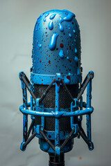 Poster - A modern microphone with bright blue paint running down against a stark white background,