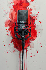 Poster - A lavalier microphone with red paint streaking down against a crisp white background,