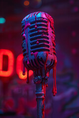 Aufkleber - A dynamic microphone with magenta paint dripping down its grille on a deep purple background,