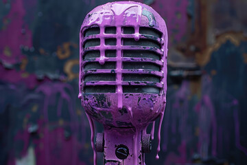 Aufkleber - A vintage microphone with violet paint dripping down its sides on a charcoal black background,