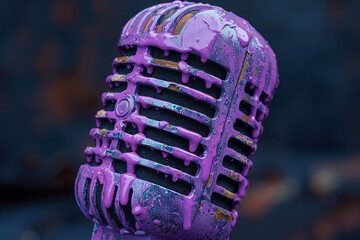 Poster - A vintage microphone with violet paint dripping down its sides on a charcoal black background,