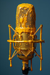 Poster - A handheld microphone with golden yellow paint dripping down against a royal blue background,