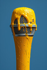 Poster - A handheld microphone with golden yellow paint dripping down against a royal blue background,