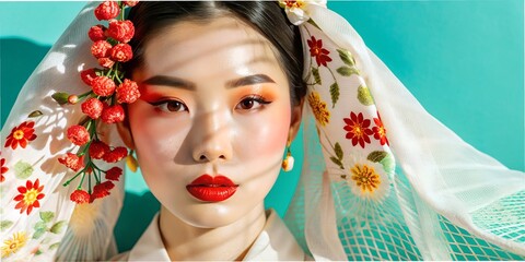 Wall Mural - macro face of a Japanese model, a shadow falls on her, her face is covered with a silk white cloth, with traditional embroidery red flower face detail, beautiful healthy skin, background, wallpaper