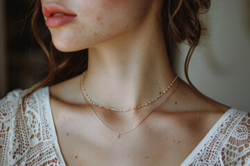 Poster - Macro image of a mole on the side of a personâ€™s neck, with a delicate necklace nearby,
