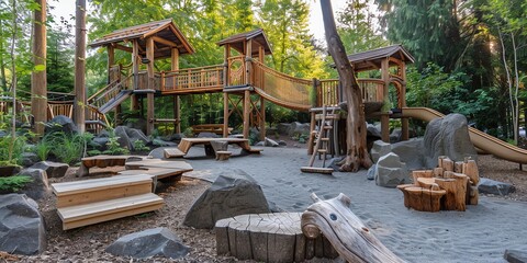 Natureinspired playground with treehouse structures, wooden bridges, and natural elements