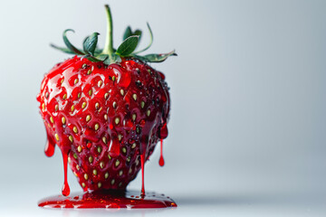 Poster - A steel strawberry with bright red paint dripping from its tip against a clean white background,