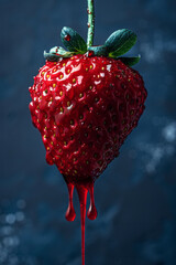 Poster - Macro shot of red paint slowly sliding down a polished steel strawberry on a dark blue background,
