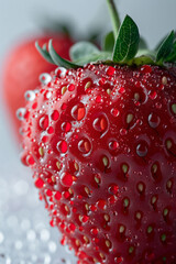 Poster - Macro image of red paint forming droplets on the surface of a steel strawberry against a bright white background,
