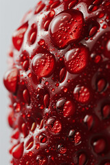 Aufkleber - Macro image of red paint forming droplets on the surface of a steel strawberry against a bright white background,