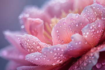 Wall Mural - Detailed shot of a peony petal, with dewdrops emphasizing its soft, velvety texture,