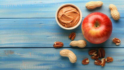 Canvas Print - Fresh red apple with peanut butter and nuts on light blue wooden table, top view