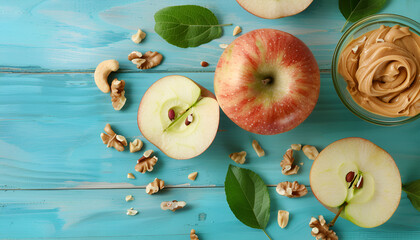 Canvas Print - Fresh red apple with peanut butter and nuts on light blue wooden table, top view