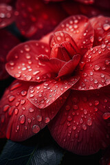 Poster - Detailed shot of a camellia petal, with dewdrops enhancing its rich, vibrant red color,