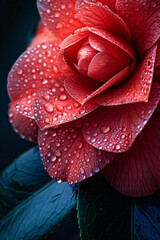 Wall Mural - Detailed shot of a camellia petal, with dewdrops enhancing its rich, vibrant red color,