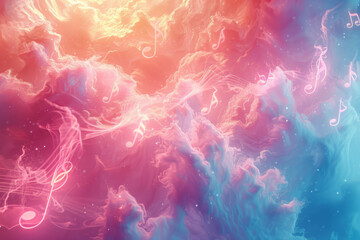 Poster - Musical notes flowing like a gentle stream across a background of pastel-colored clouds,