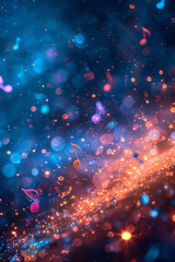 Poster - musical notes gently swirling in a calm, starlit night, with a gradient sky of blues and purples,